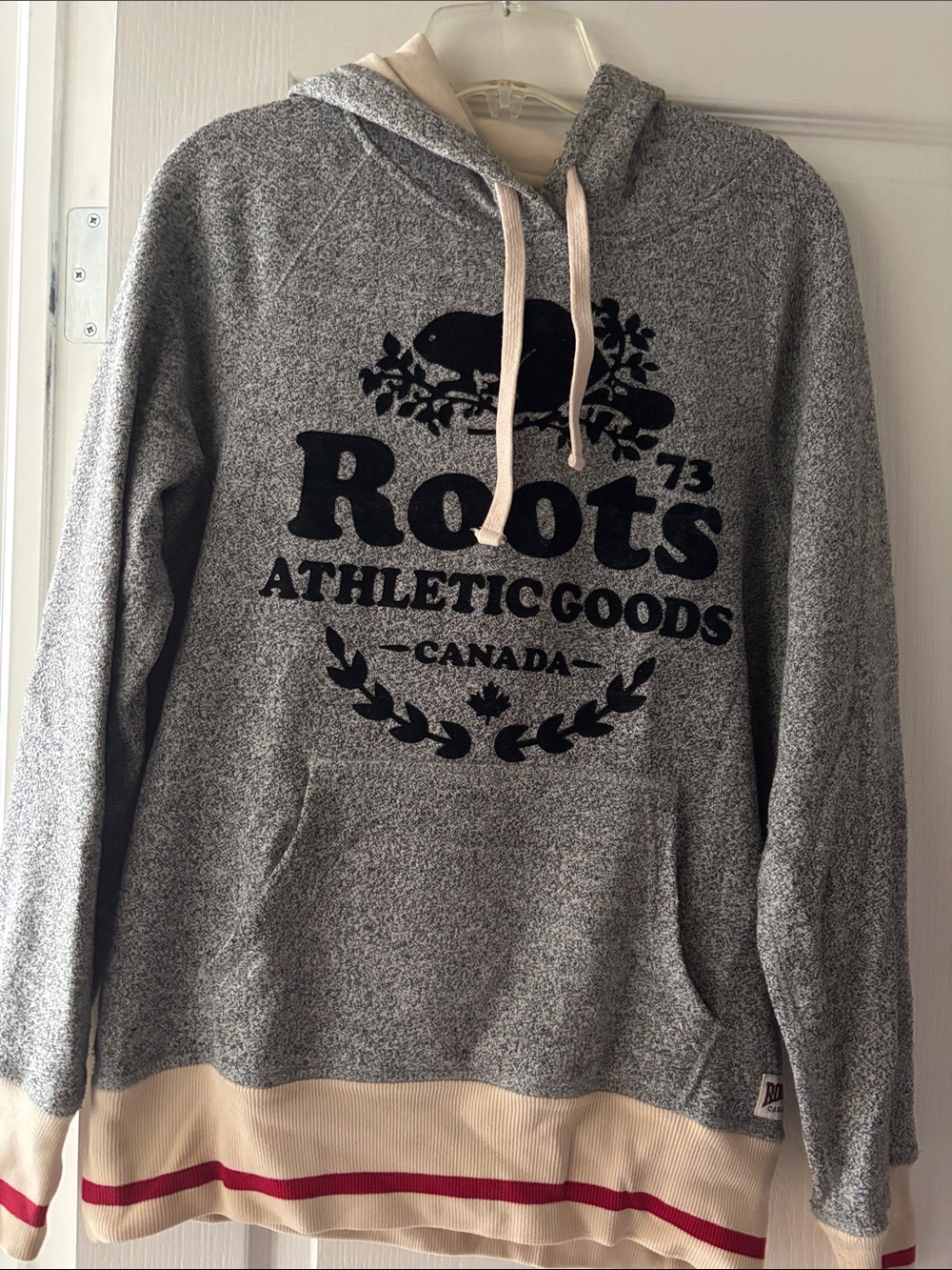 Roots Gray Pullover Hoodie with Cream Hem and Red Stripe